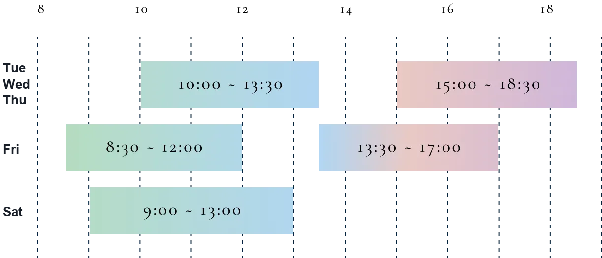 Tue, Wed, Thu: 10:00-13:30, 15:00-18:30. Friday: 8:30-12:00, 13:30-17:00. Saturday: 9:00-13:00. Monday, Sunday, and holidays are closed.